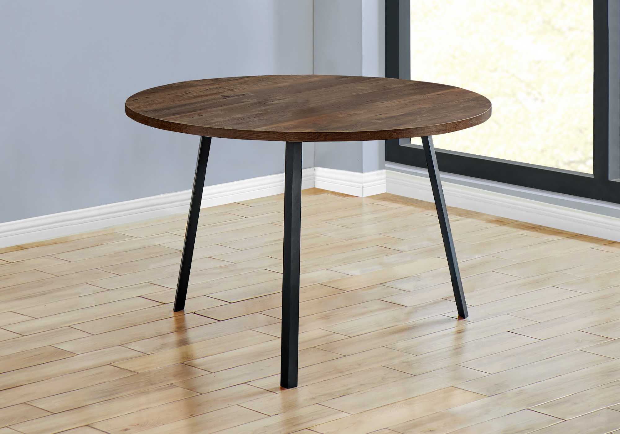 48" Round Dining Room Table with Brown Reclaimed Wood and Black Metal