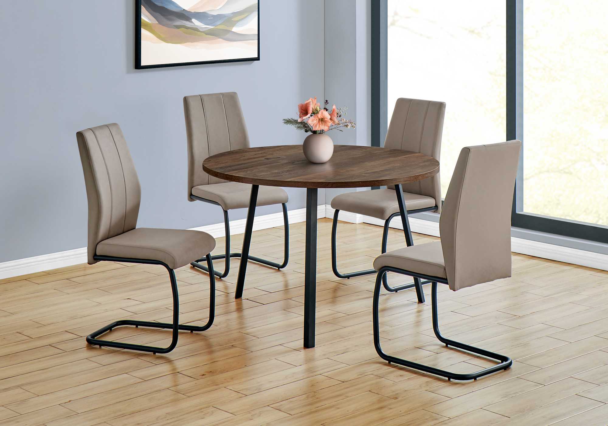 48" Round Dining Room Table with Brown Reclaimed Wood and Black Metal