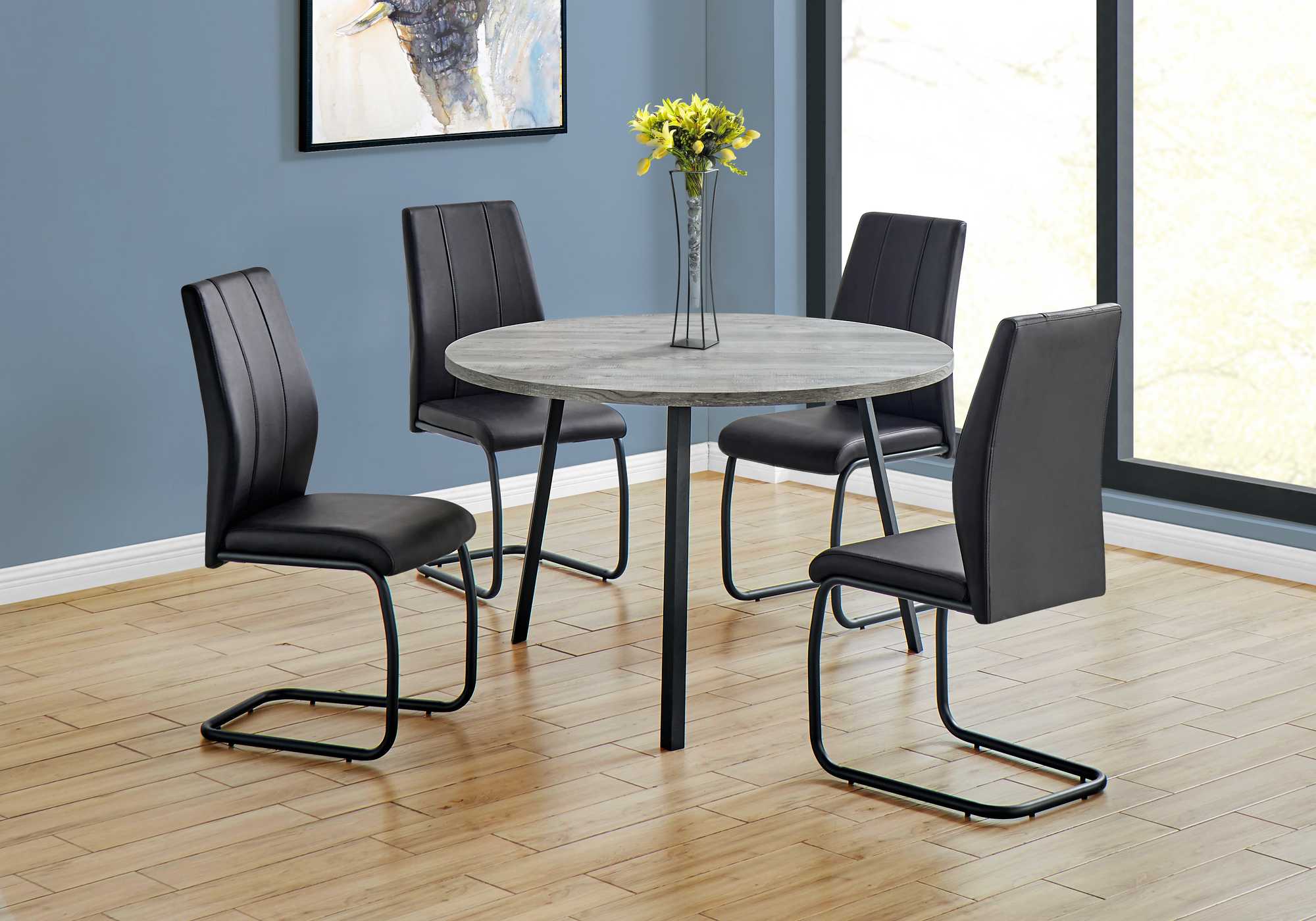 48" Round Dining Room Table with Grey Reclaimed Wood and Black Metal