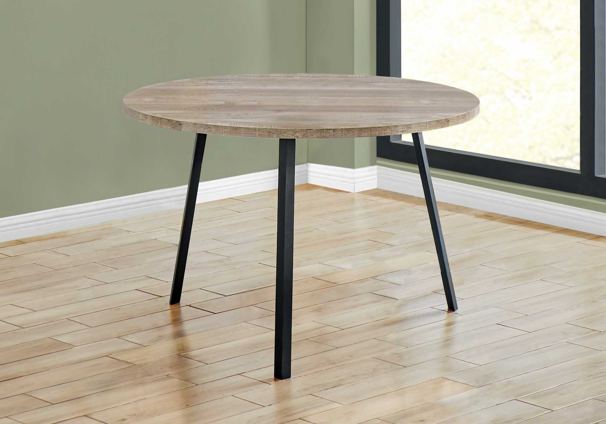 48" Round Dining Room Table with Taupe Reclaimed Wood and Black Metal
