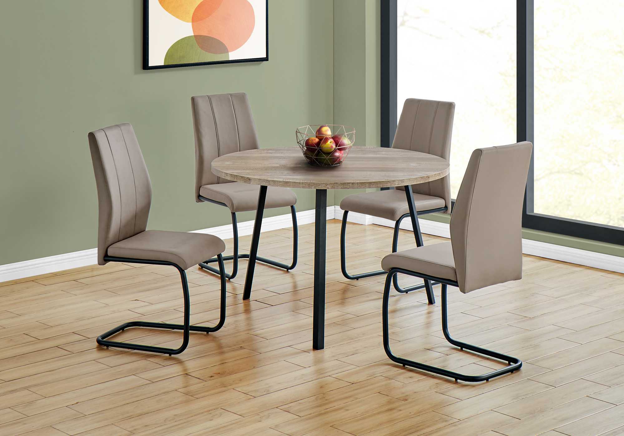 48" Round Dining Room Table with Taupe Reclaimed Wood and Black Metal