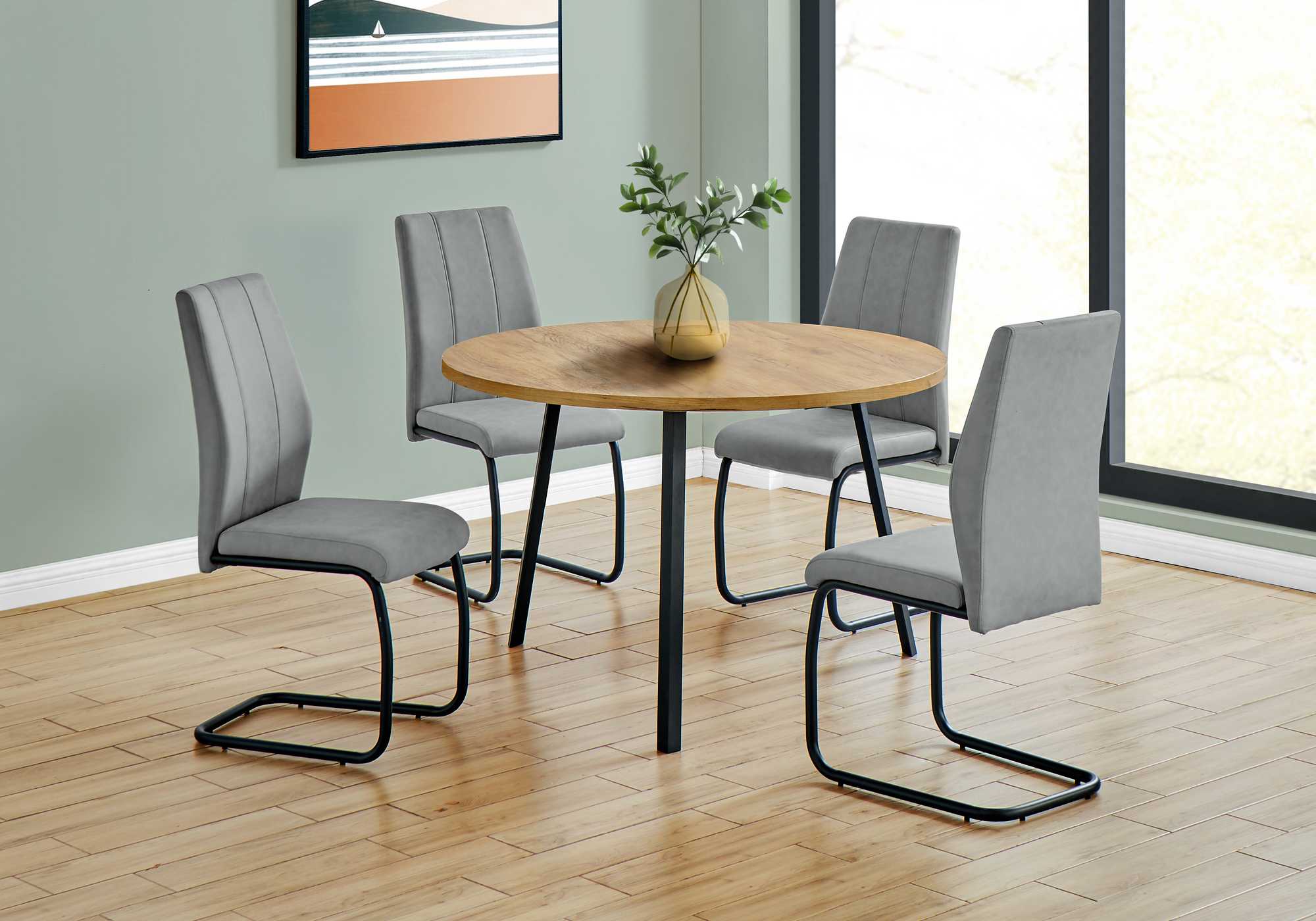 48" Round Dining Room Table with Golden Pine and Black Metal