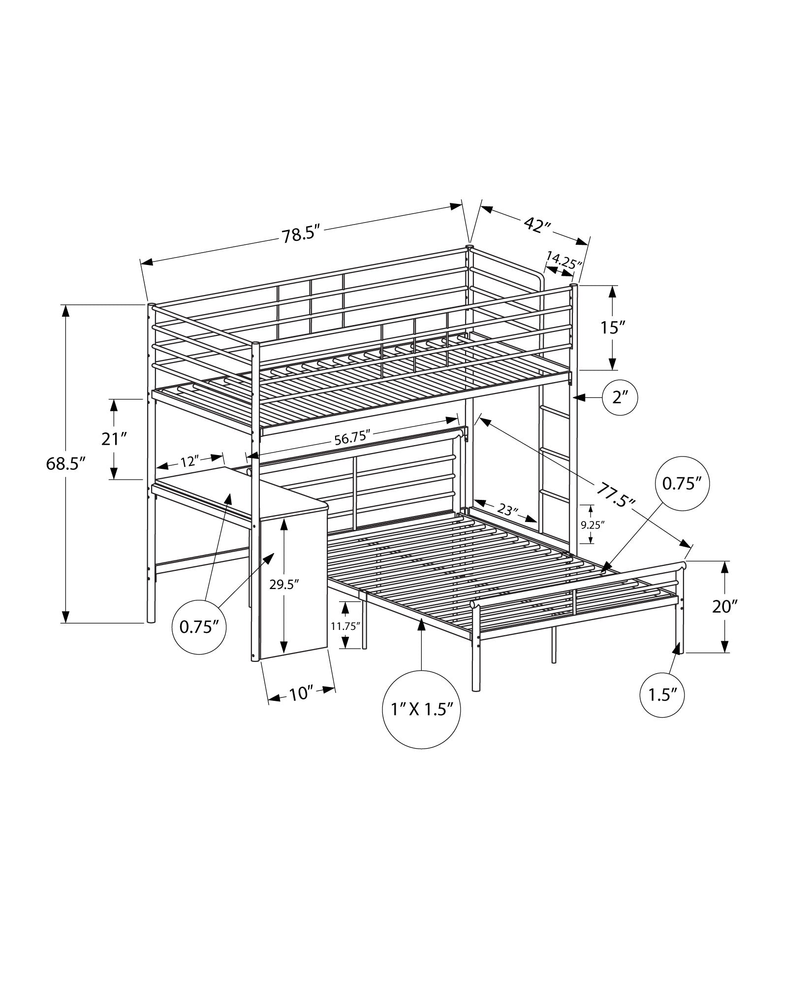 Twin Full Size Grey Metal with Desk Bunk Bed