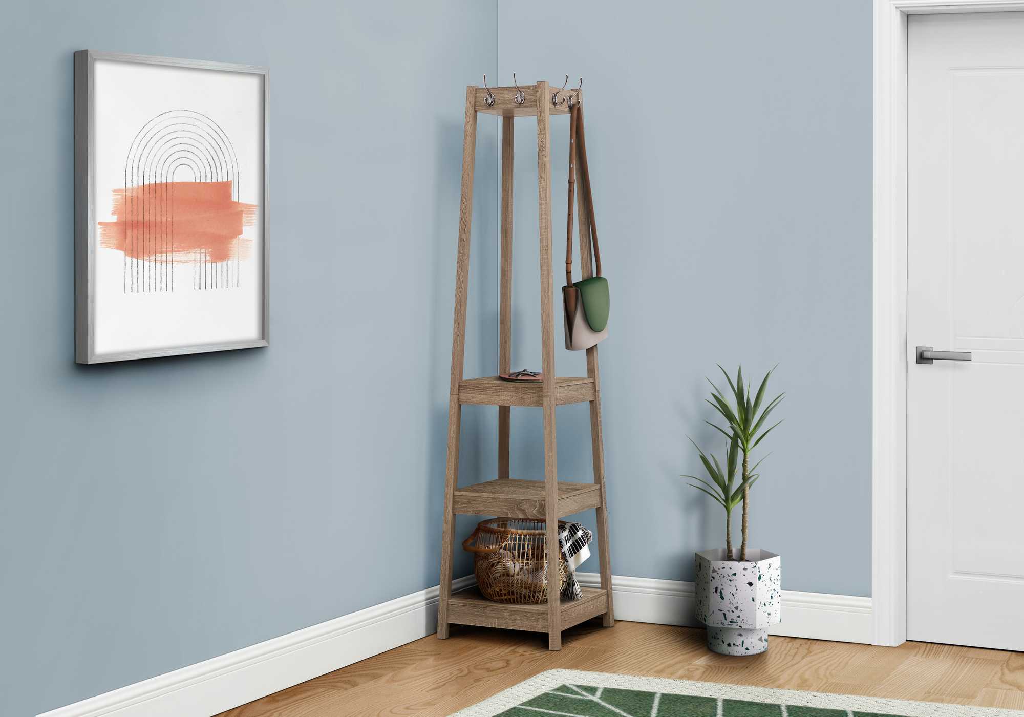 72" Dark Taupe Corner Laminated Coat Rack with 3 Shelves