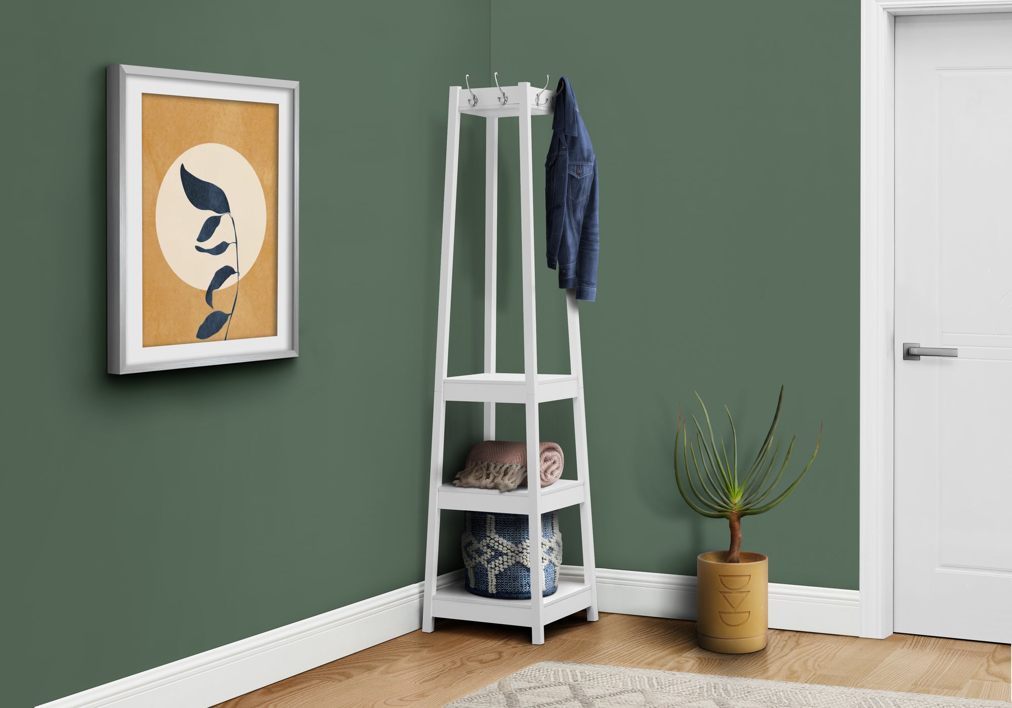 72" White Corner Coat Rack with 3 Shelves