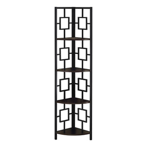62" Bookcase EspressoandBlack Metal Corner Etagere with 4 shelves