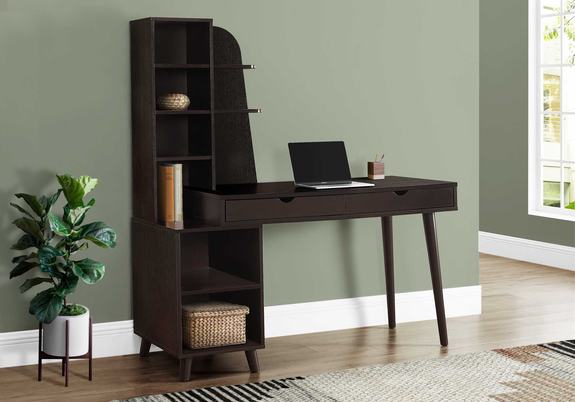 55" Espresso Computer Desk with Bookcase