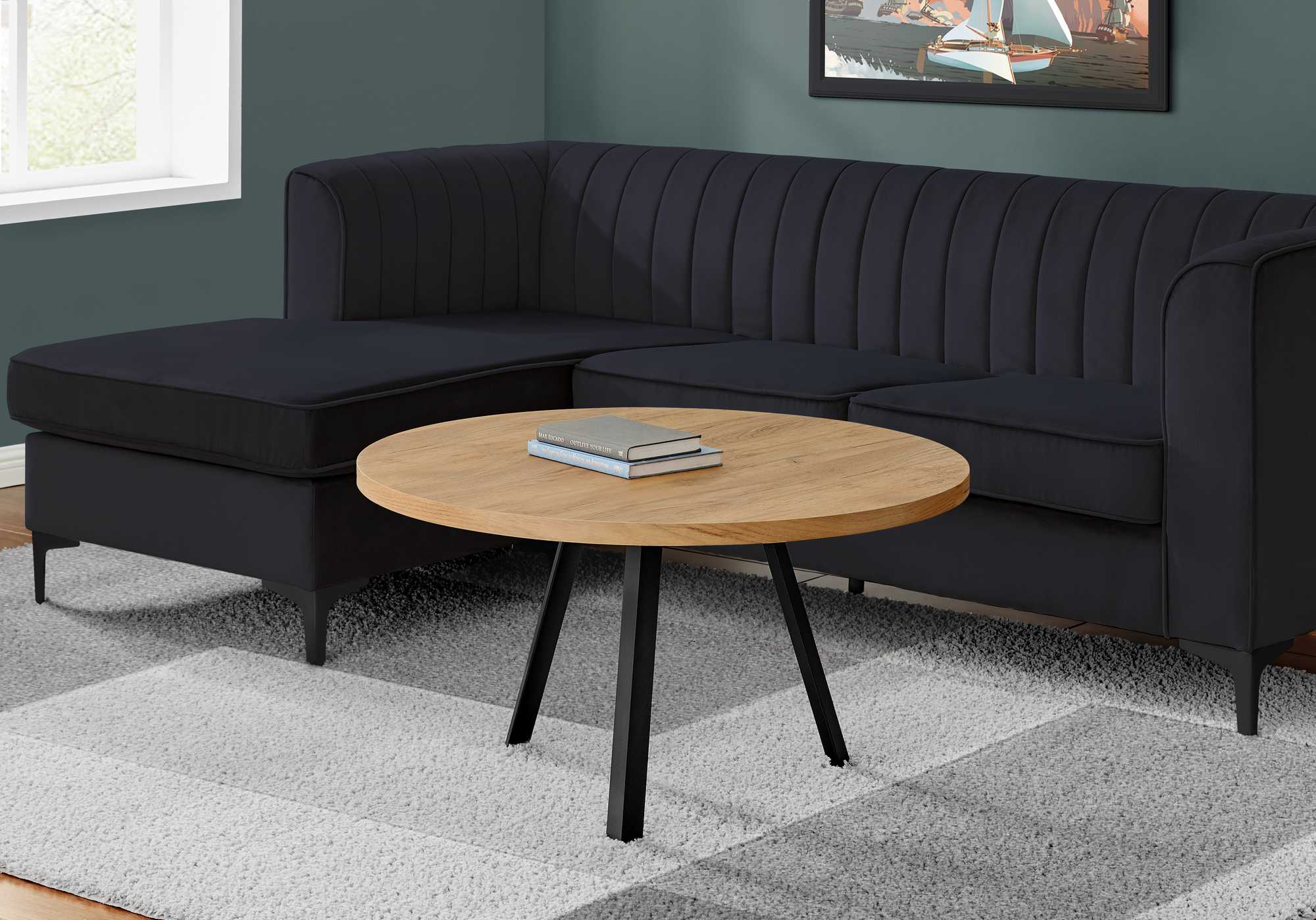 Round Golden Pine with Black Metal Coffee Table