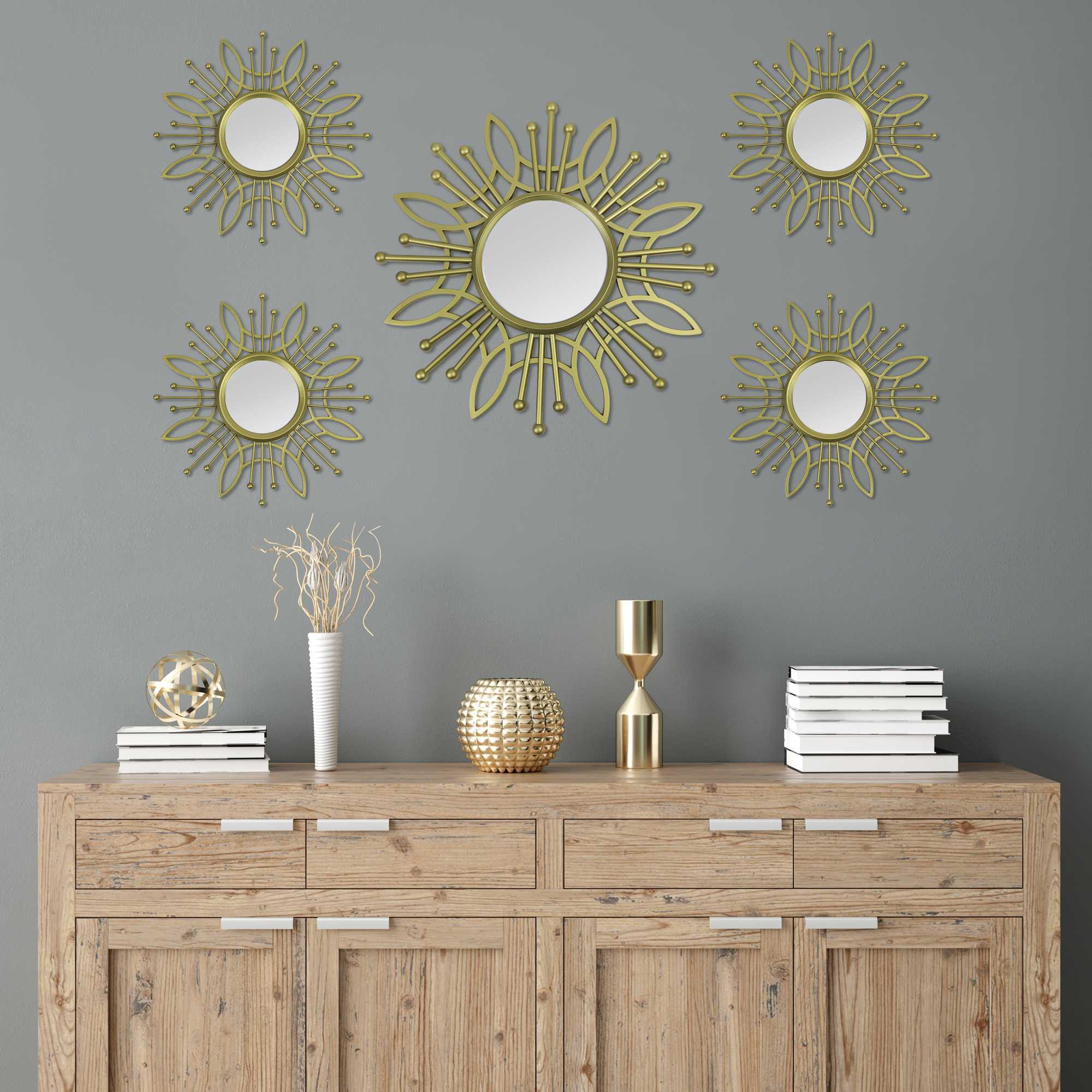 Sunburst-Style Wall Mirror with Matte-Gold Finish