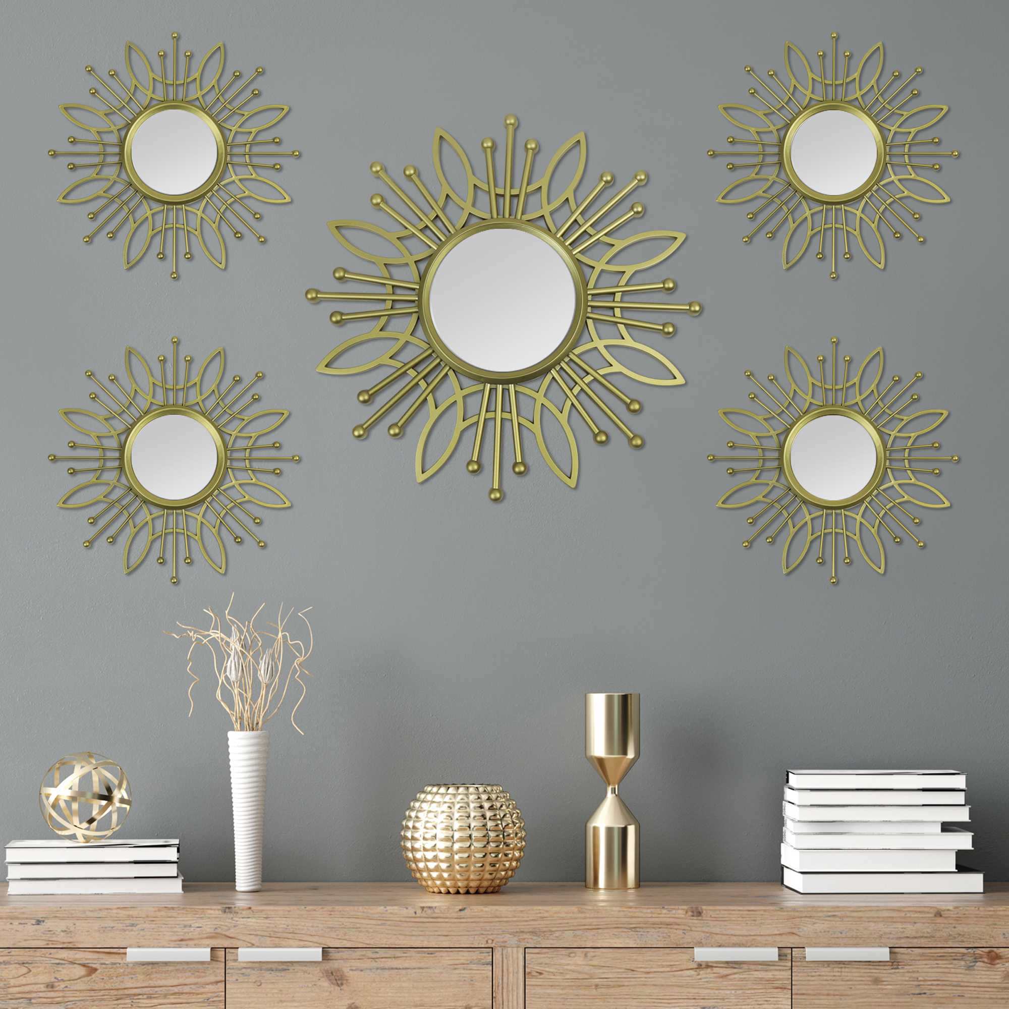 Sunburst-Style Wall Mirror with Matte-Gold Finish