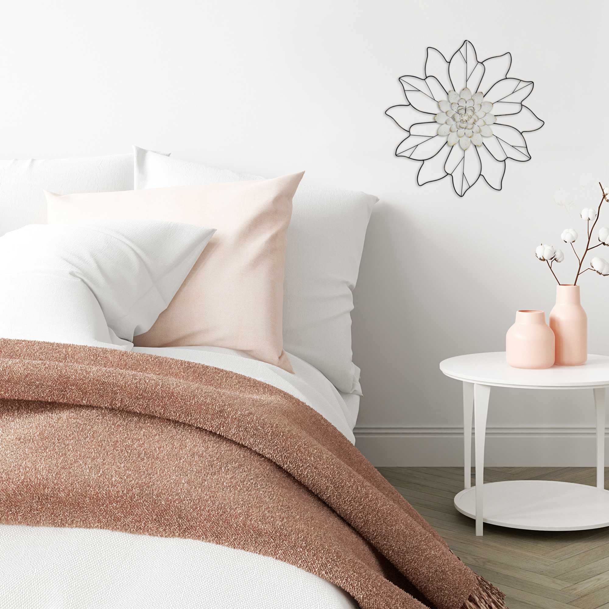 White Flower Wall Decor with Matte Black Leaves