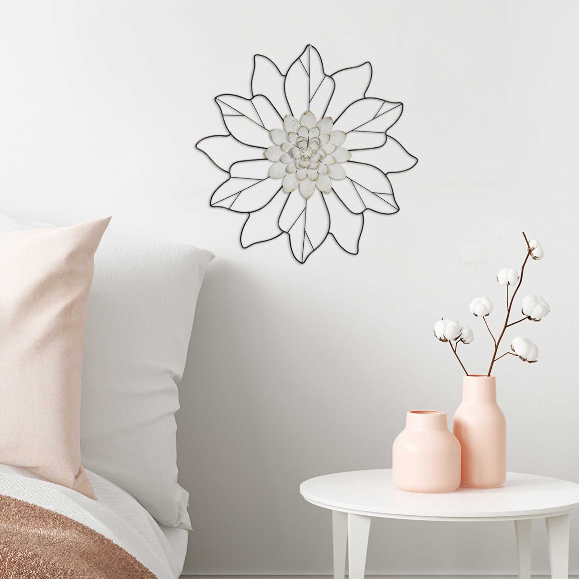 White Flower Wall Decor with Matte Black Leaves