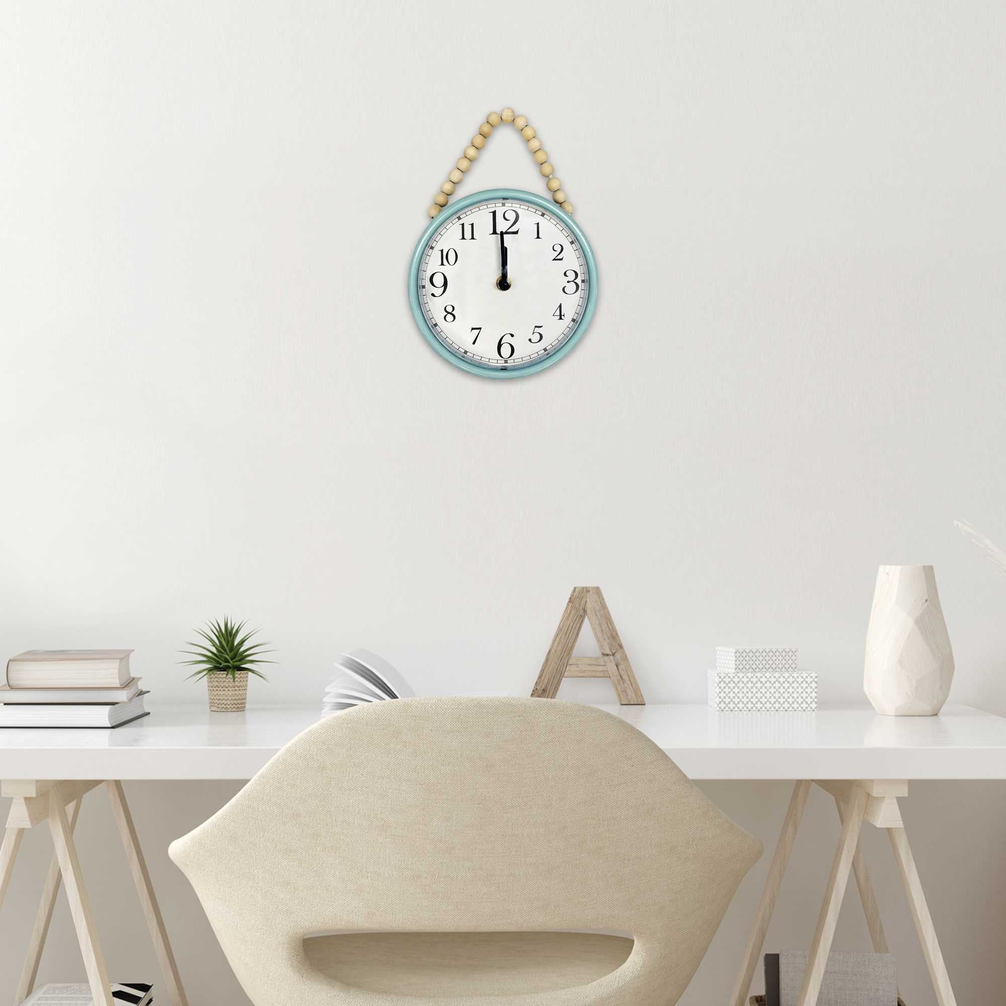 6.50" Round Glossy Blue Wall Clock with Natural Wooden Beads