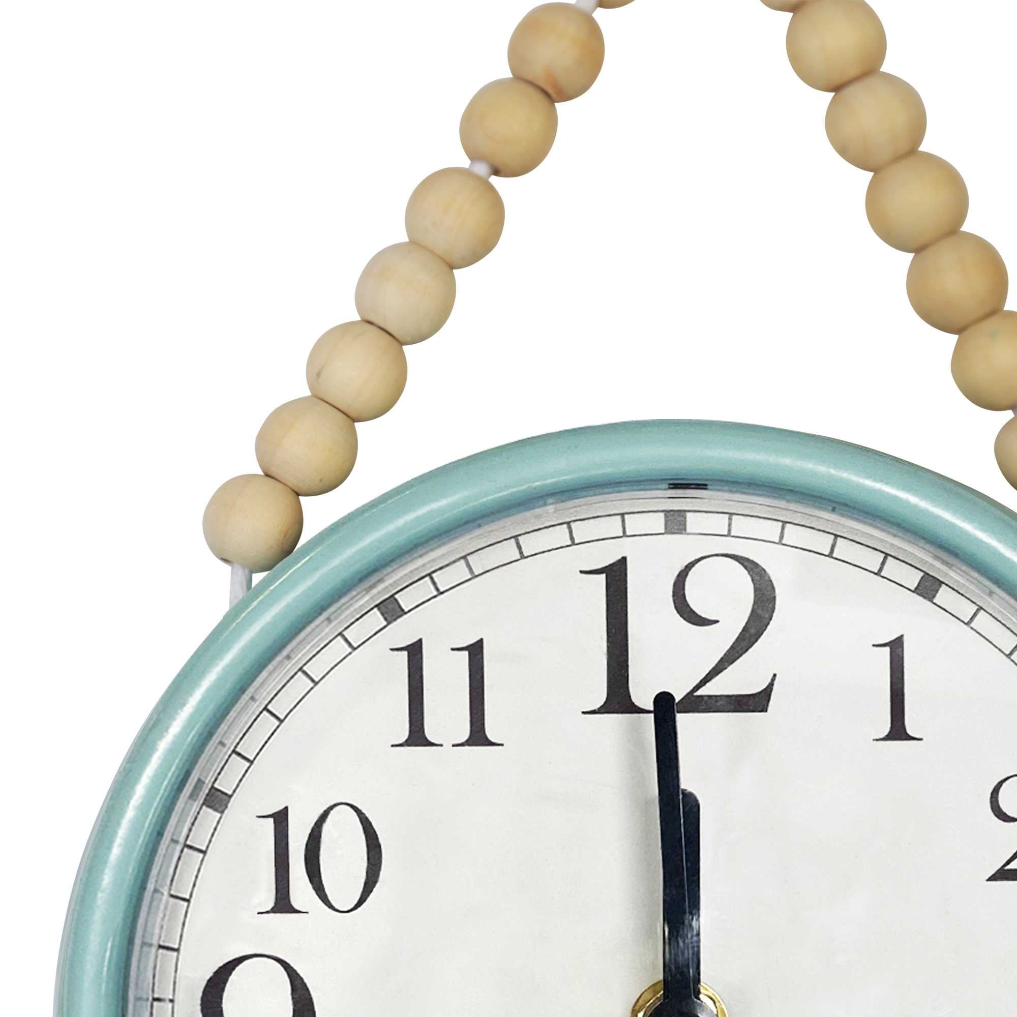 6.50" Round Glossy Blue Wall Clock with Natural Wooden Beads