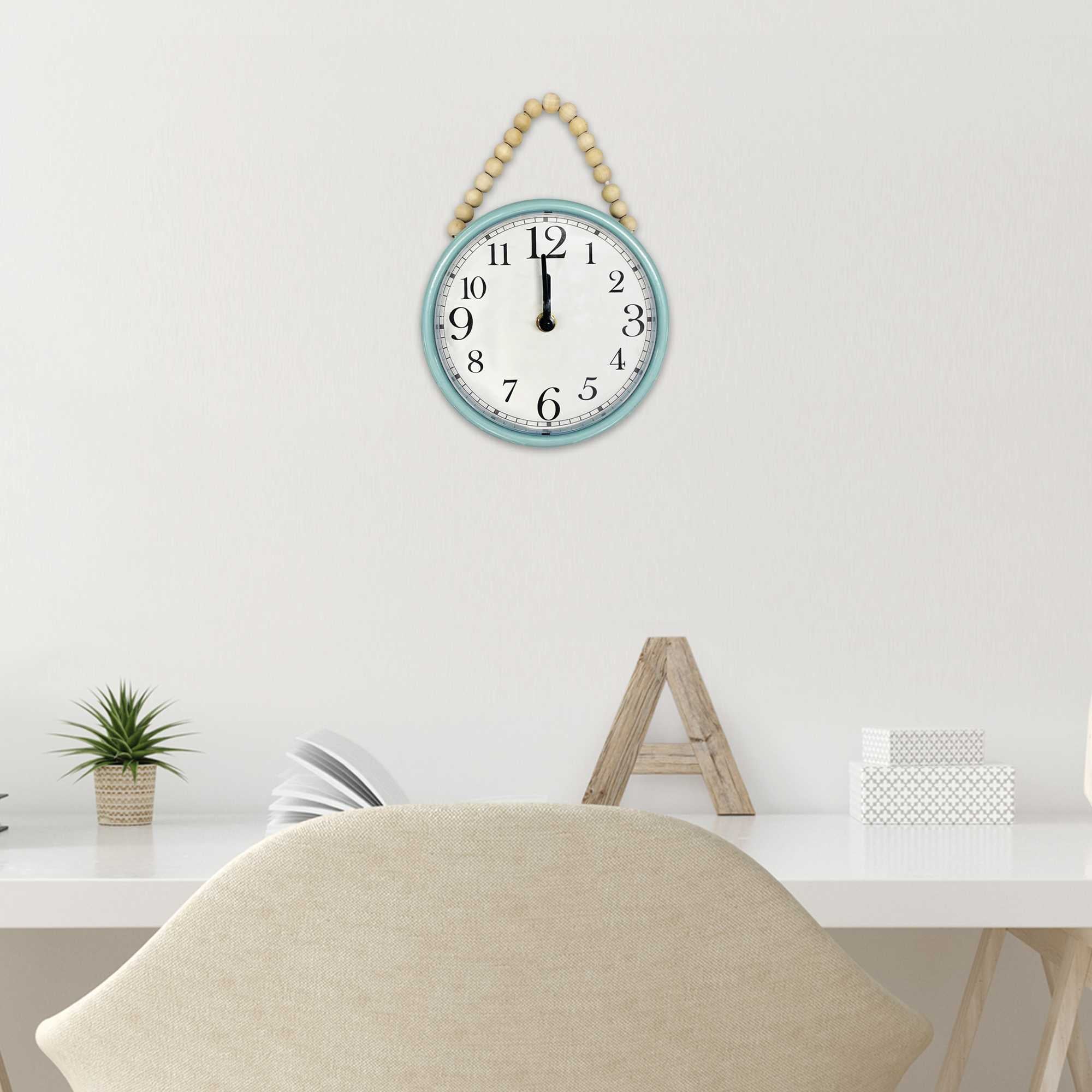 6.50" Round Glossy Blue Wall Clock with Natural Wooden Beads