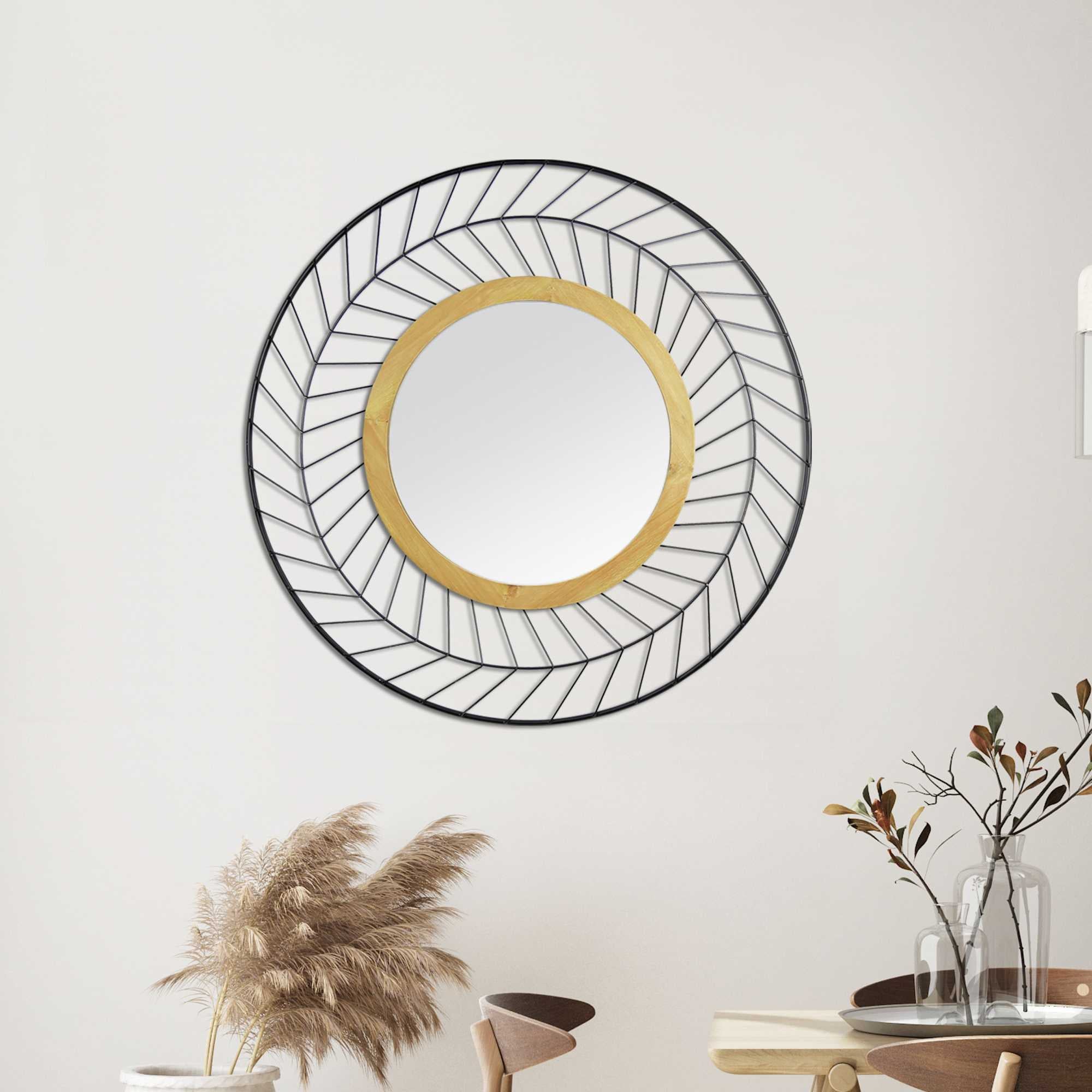 Round Wall Mirror with Metal Lines