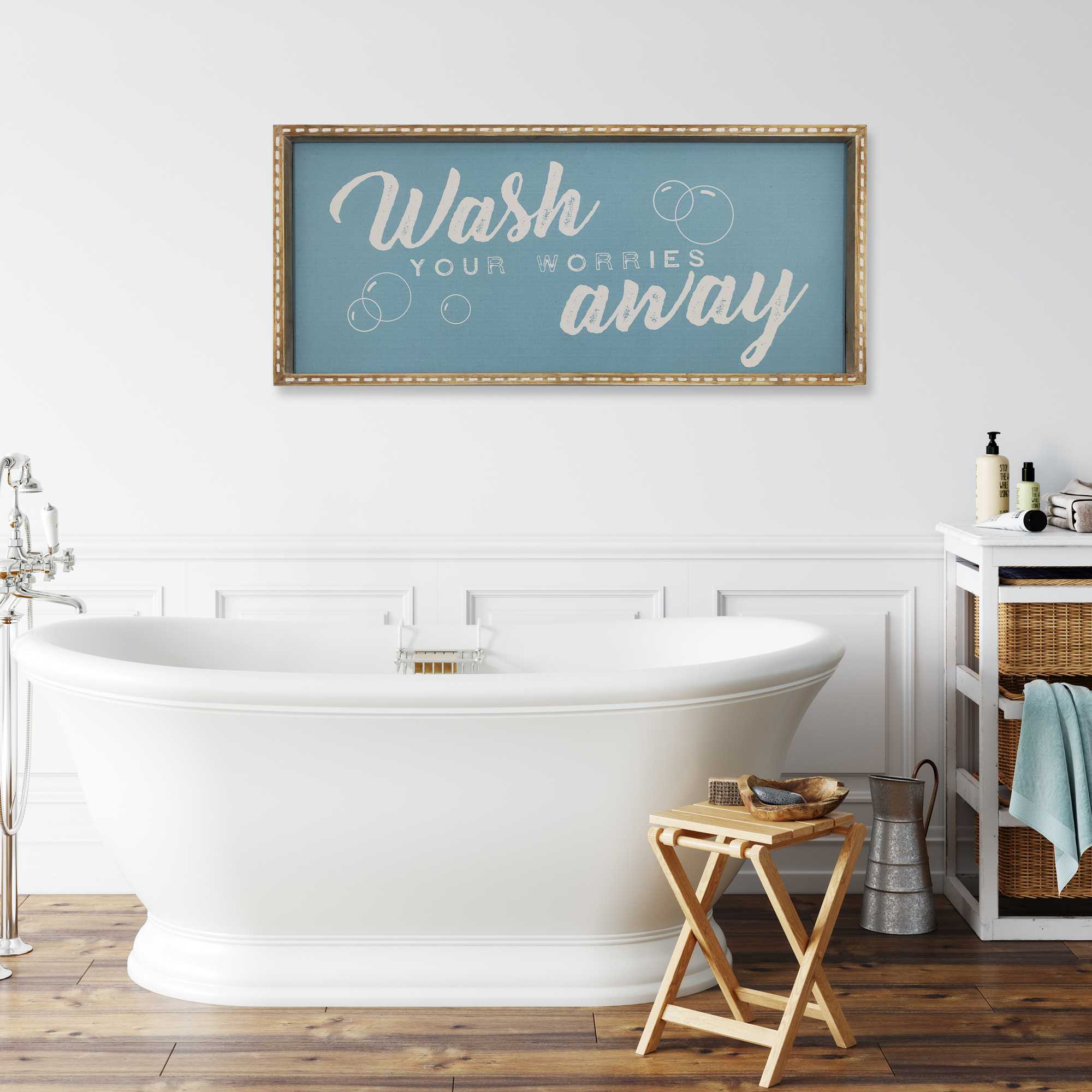 14" X 32" "Wash You Worries Away" Framed Wall Art
