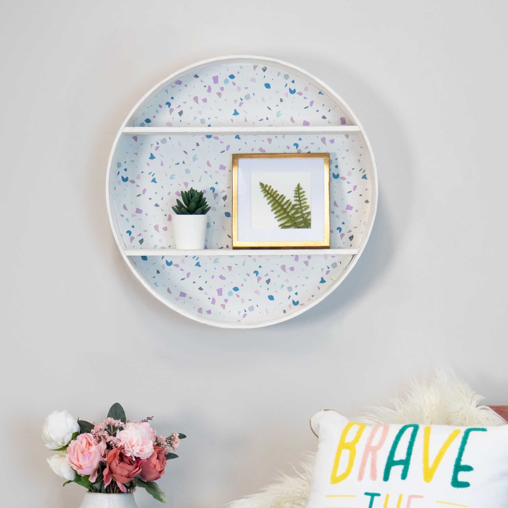 2-tier Round Wall Shelf with White Distressed Background