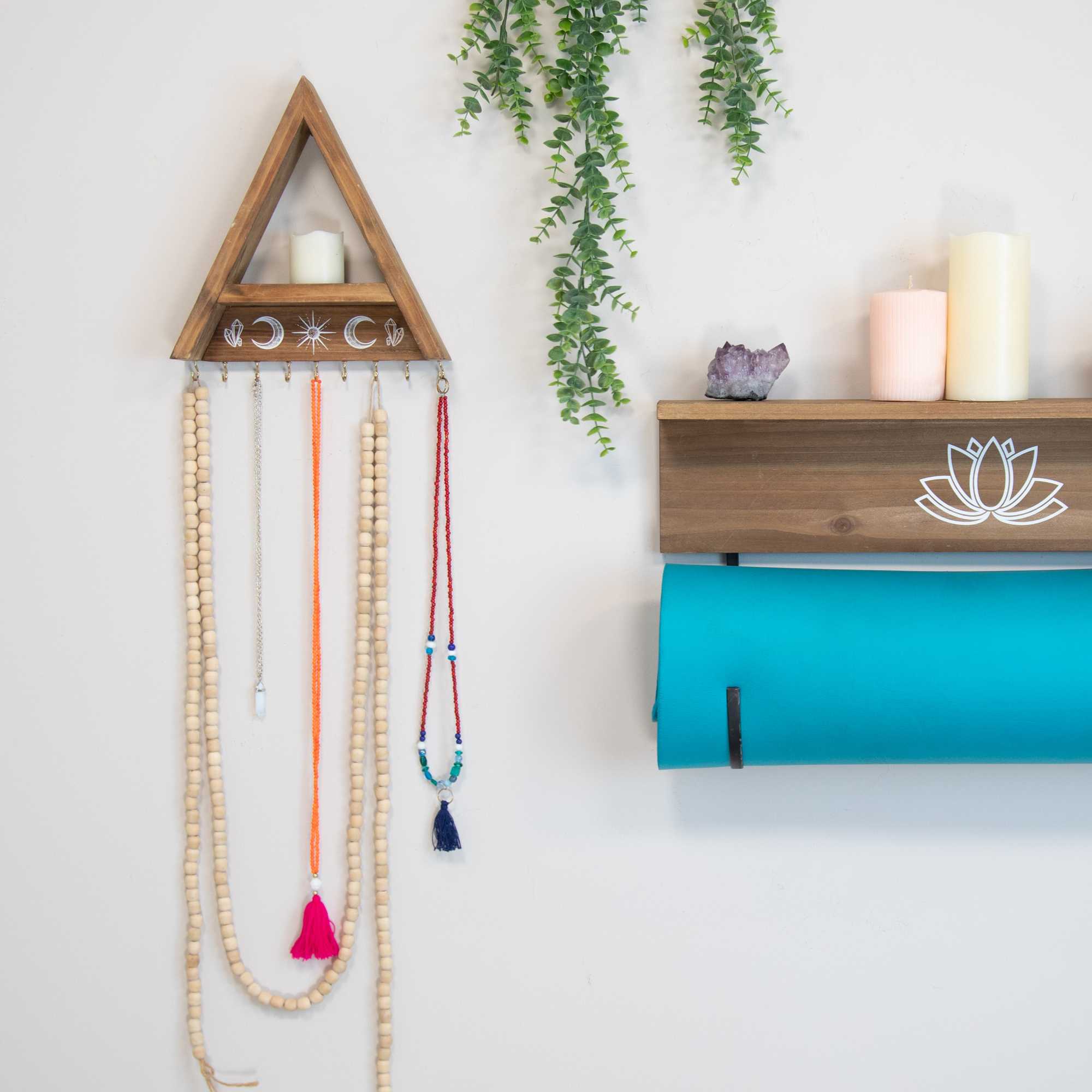 Triangle Natural Wooden Shelf with Hooks