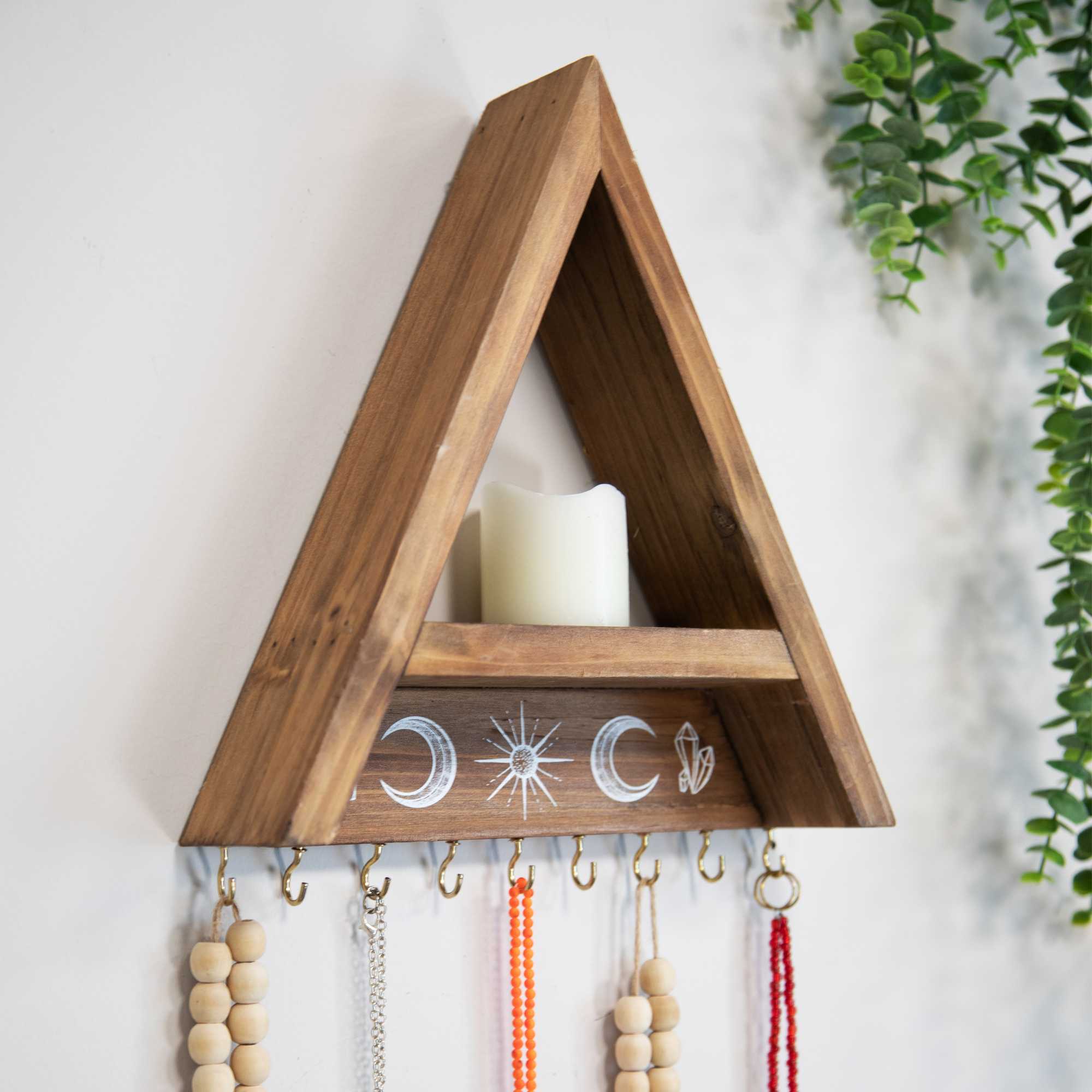 Triangle Natural Wooden Shelf with Hooks
