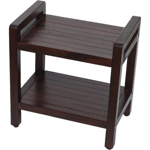 Compact Rectangular Teak Shower / Outdoor Bench with Shelf and Liftaide Arms in BrownFinish