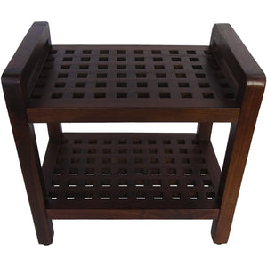 Compact Rectangular Teak Lattice Pattern Shower / Outdoor Bench with Shelf and Liftaide Arms in Brown Finish