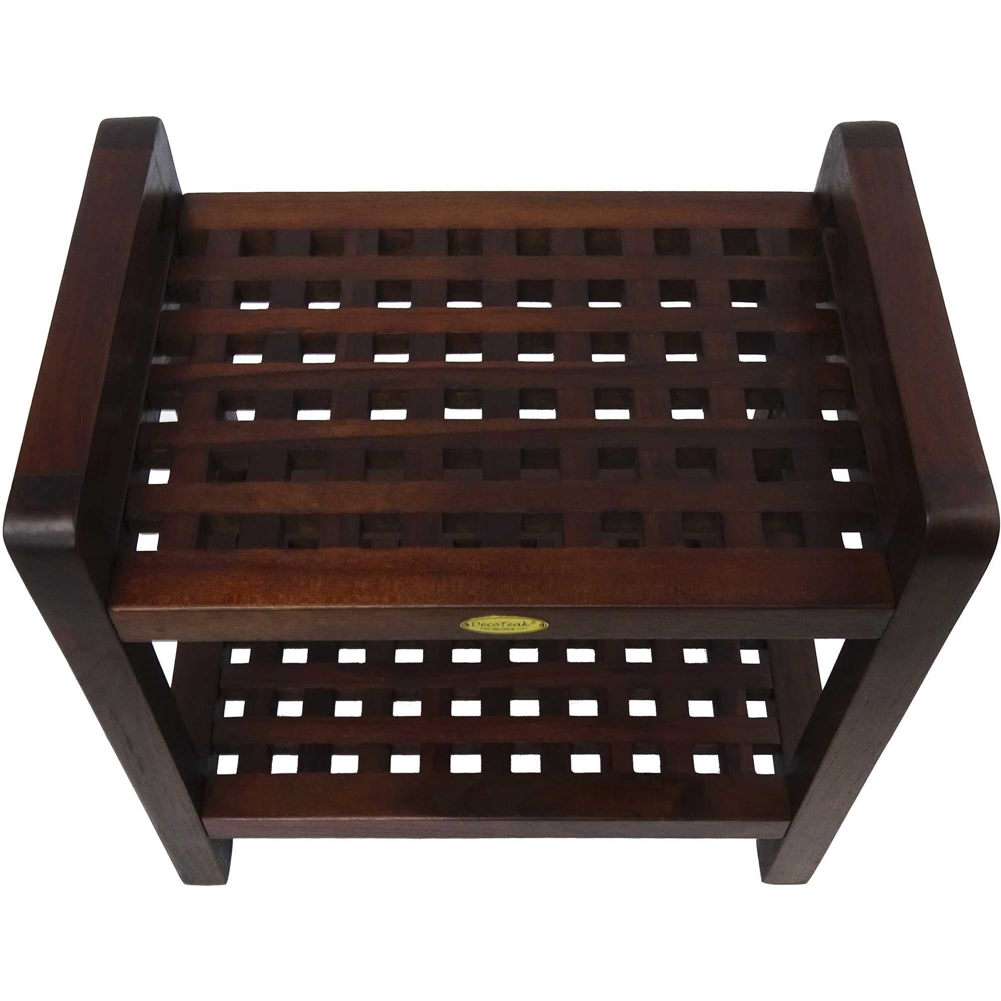 Compact Rectangular Teak Lattice Pattern Shower / Outdoor Bench with Shelf and Liftaide Arms in Brown Finish