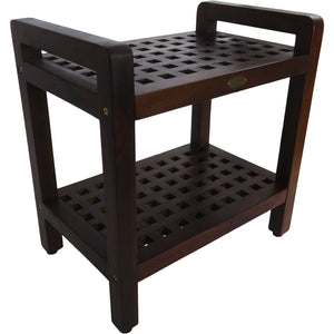 Compact Rectangular Teak Lattice Pattern Shower / Outdoor Bench with Shelf and Liftaide Arms in Brown Finish