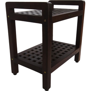 Compact Rectangular Teak Lattice Pattern Shower / Outdoor Bench with Shelf and Liftaide Arms in Brown Finish