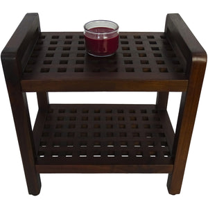 Compact Rectangular Teak Lattice Pattern Shower / Outdoor Bench with Shelf and Liftaide Arms in Brown Finish