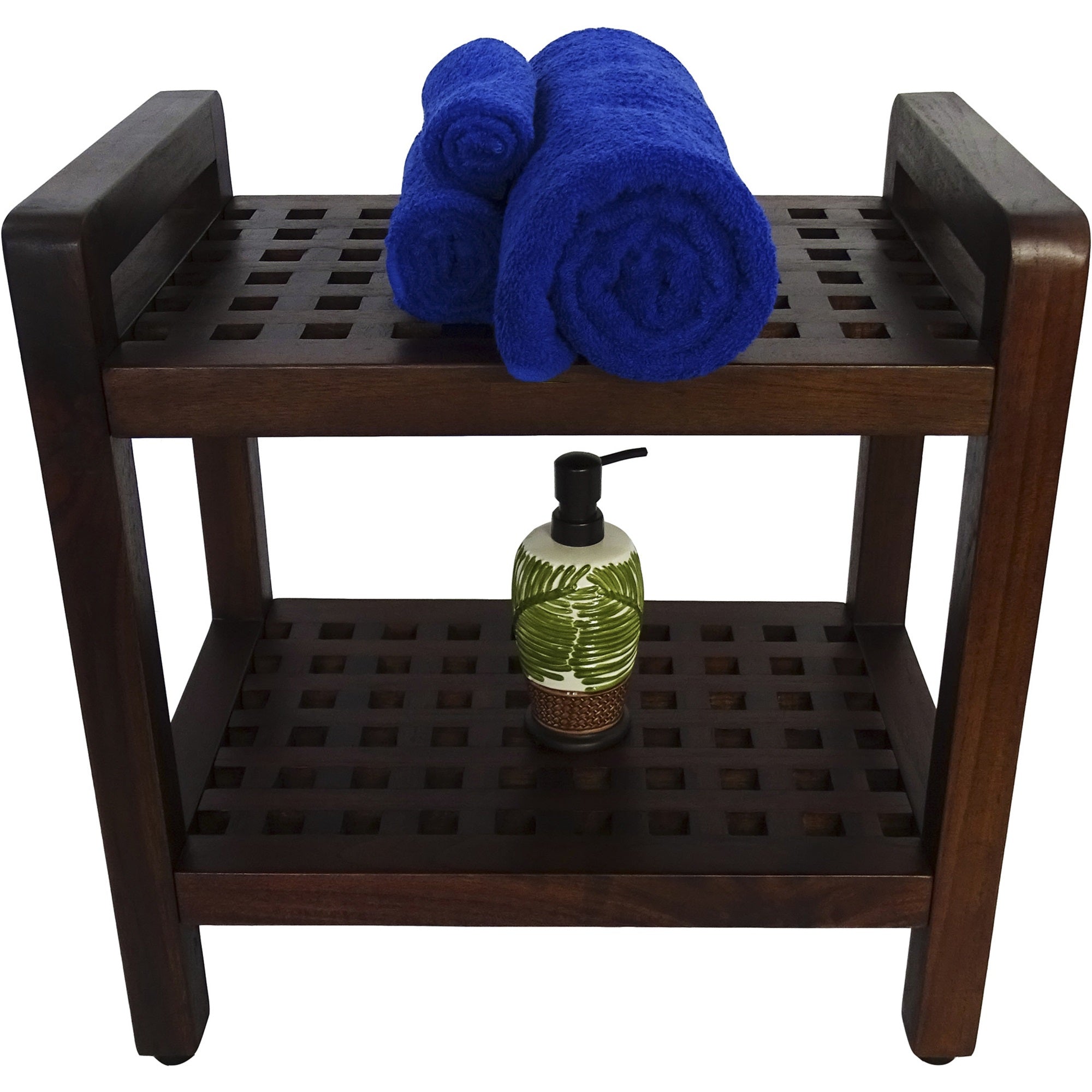 Compact Rectangular Teak Lattice Pattern Shower / Outdoor Bench with Shelf and Liftaide Arms in Brown Finish