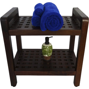 Compact Rectangular Teak Lattice Pattern Shower / Outdoor Bench with Shelf and Liftaide Arms in Brown Finish
