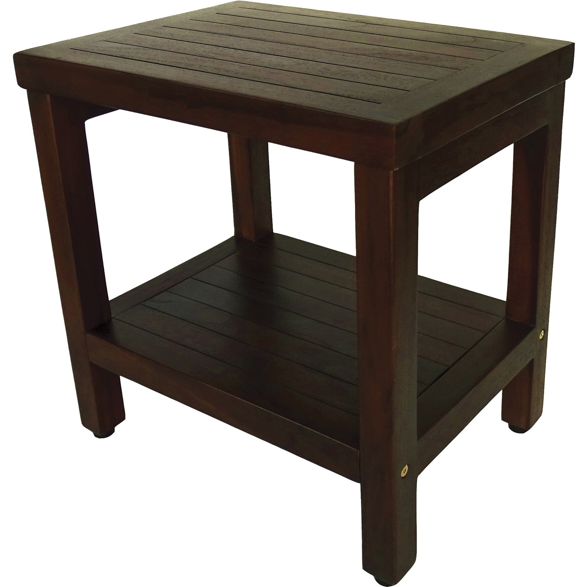 Compact Rectangular Teak Shower / Outdoor Bench with Shelf in Brown Finish