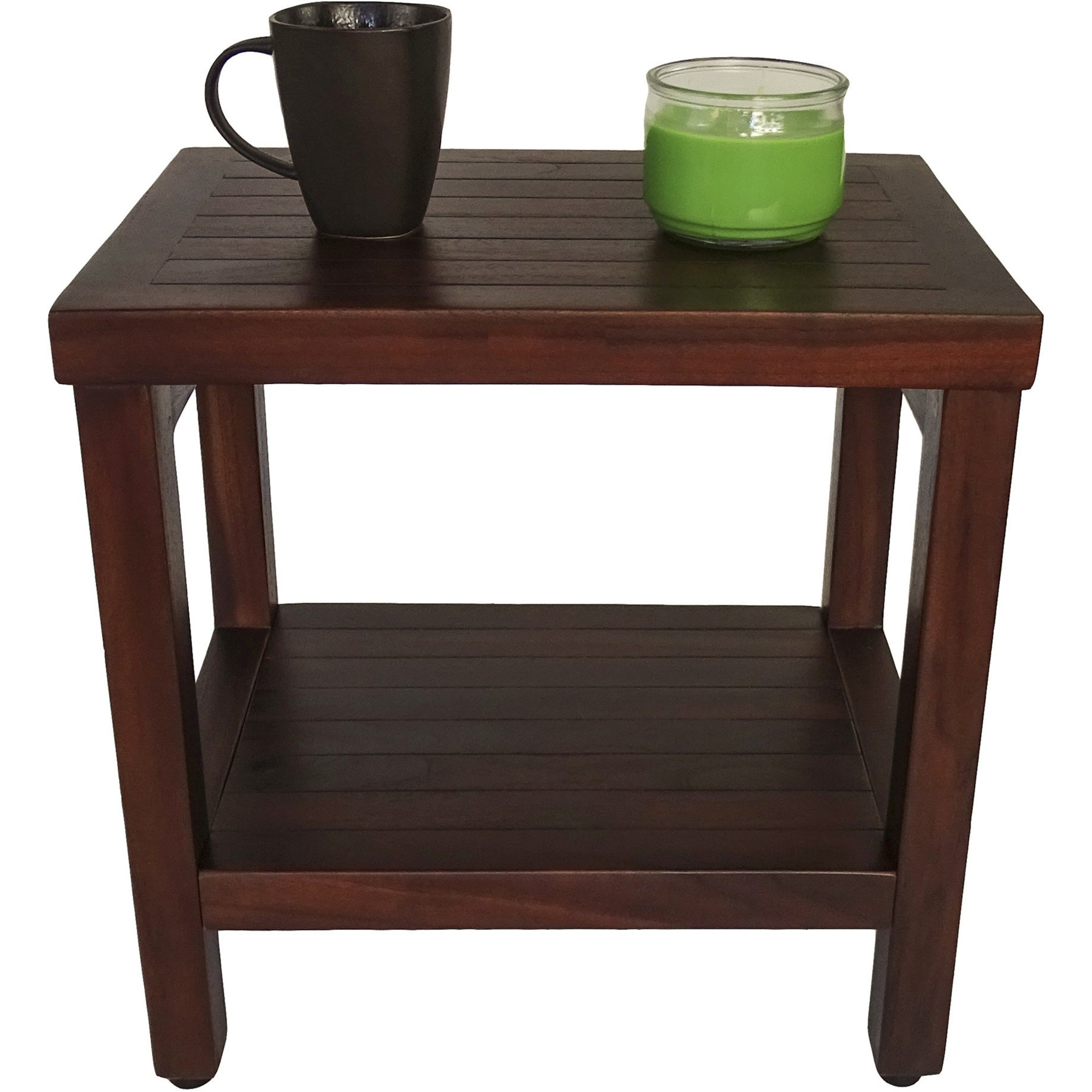 Compact Rectangular Teak Shower / Outdoor Bench with Shelf in Brown Finish