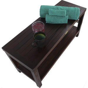 Compact Rectangular Teak Shower / Outdoor Bench with Shelf in Brown Finish