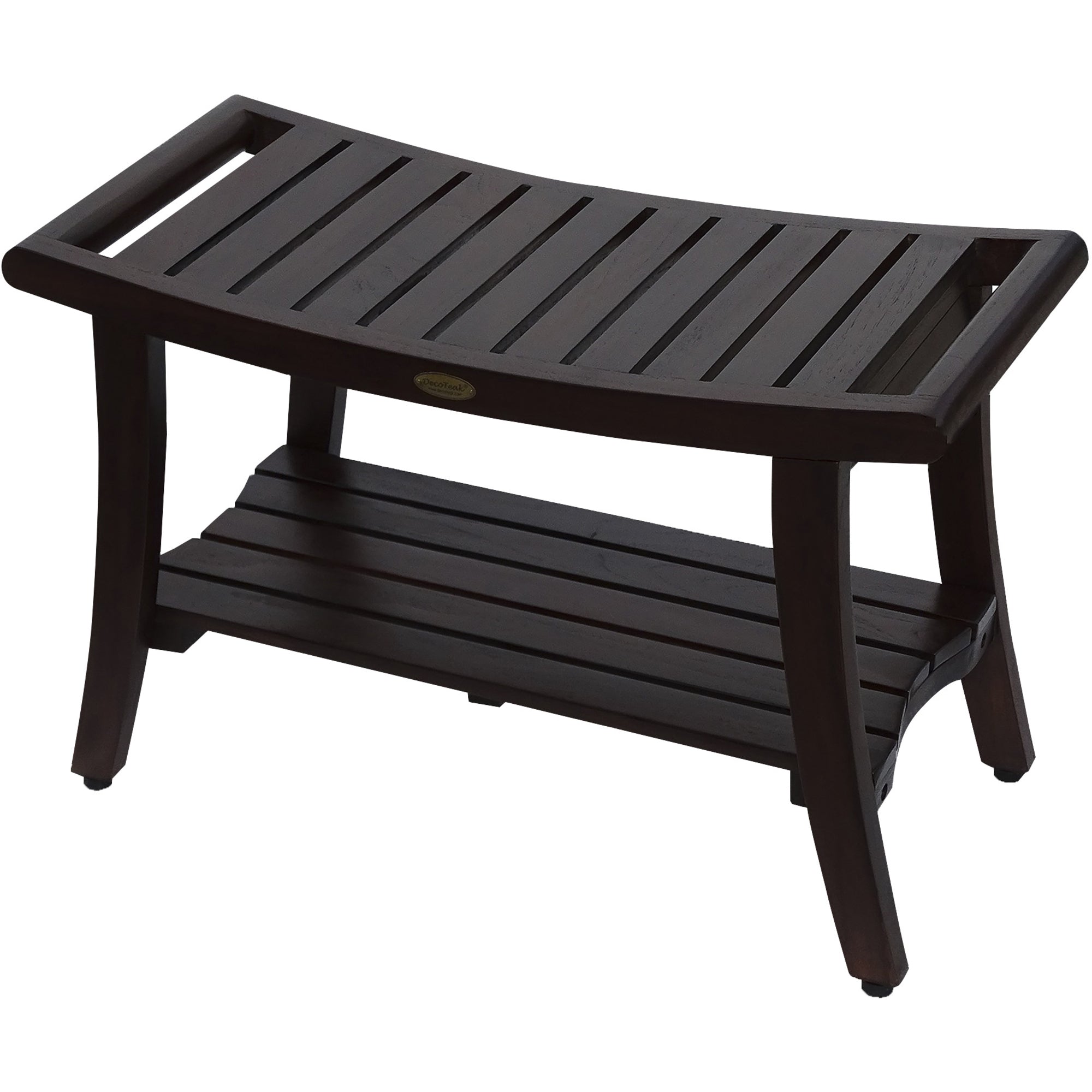 Compact Curvilinear Teak Shower / Outdoor Bench with Shelf and Liftaide Arms in Brown Finish