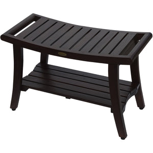 Compact Curvilinear Teak Shower / Outdoor Bench with Shelf and Liftaide Arms in Brown Finish