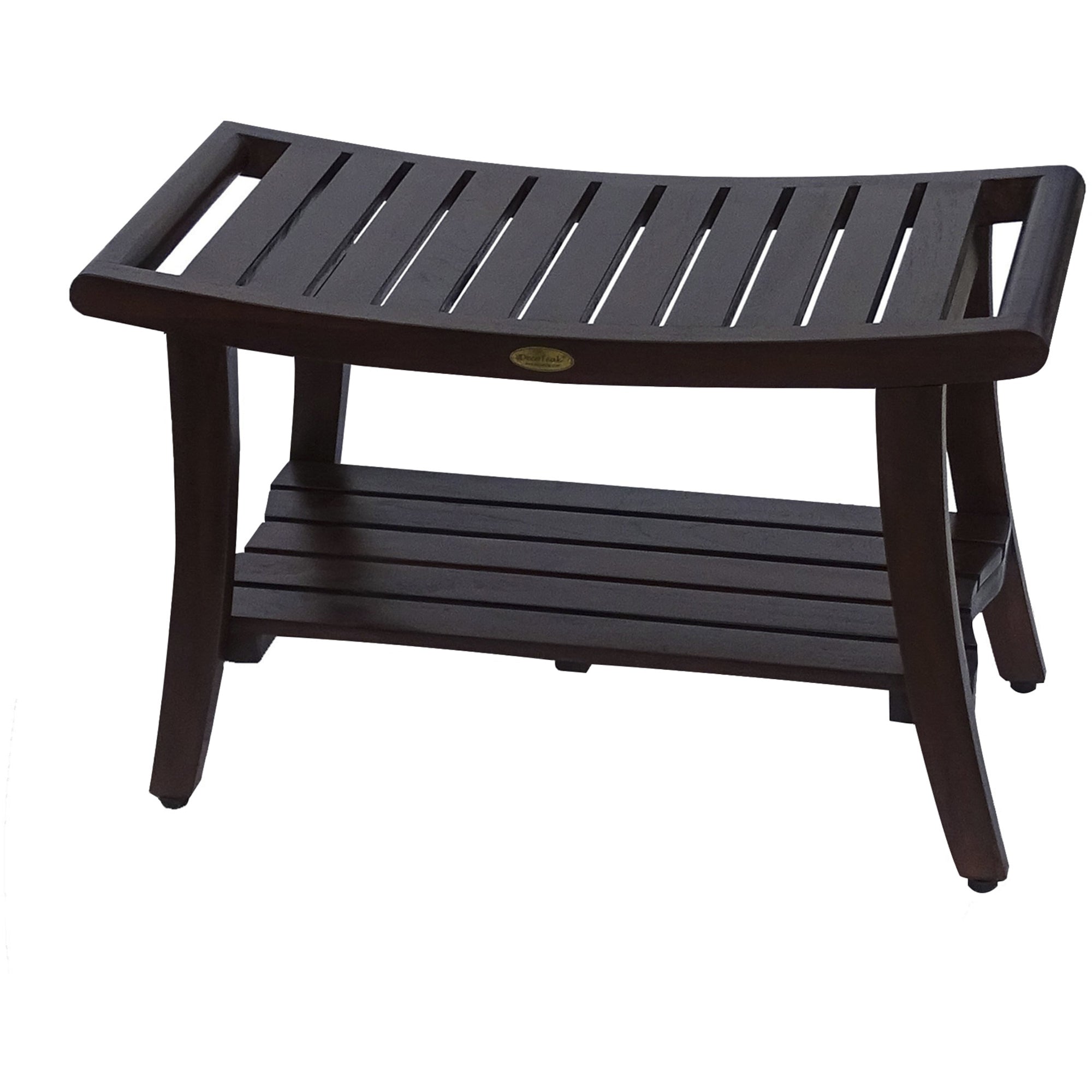 Compact Curvilinear Teak Shower / Outdoor Bench with Shelf and Liftaide Arms in Brown Finish