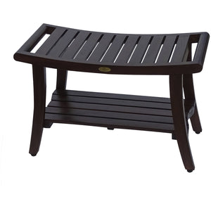 Compact Curvilinear Teak Shower / Outdoor Bench with Shelf and Liftaide Arms in Brown Finish