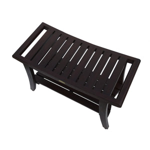 Compact Curvilinear Teak Shower / Outdoor Bench with Shelf and Liftaide Arms in Brown Finish