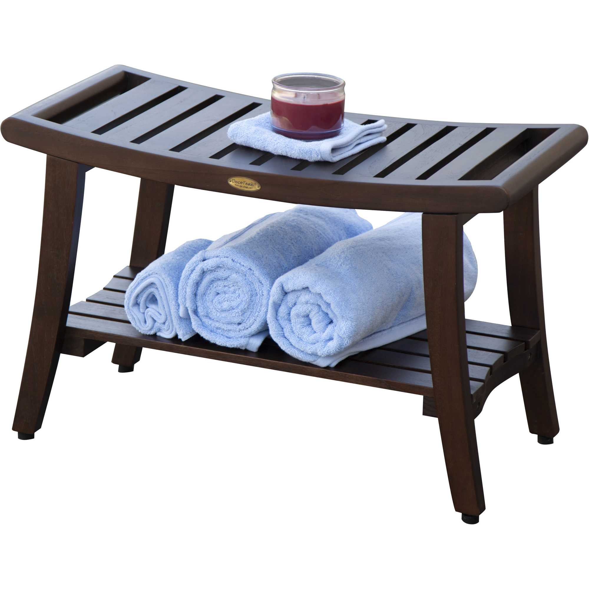 Compact Curvilinear Teak Shower / Outdoor Bench with Shelf and Liftaide Arms in Brown Finish