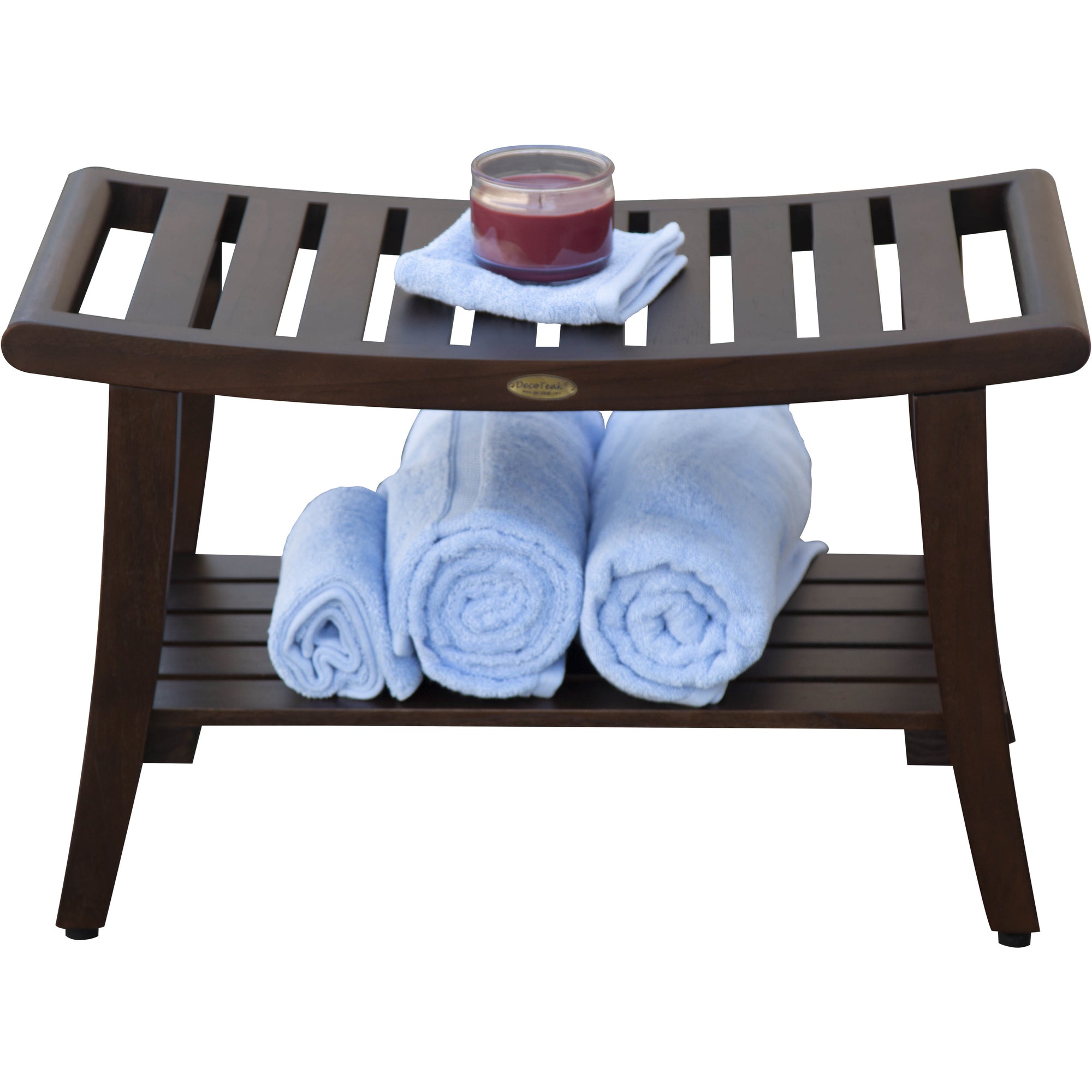 Compact Curvilinear Teak Shower / Outdoor Bench with Shelf and Liftaide Arms in Brown Finish