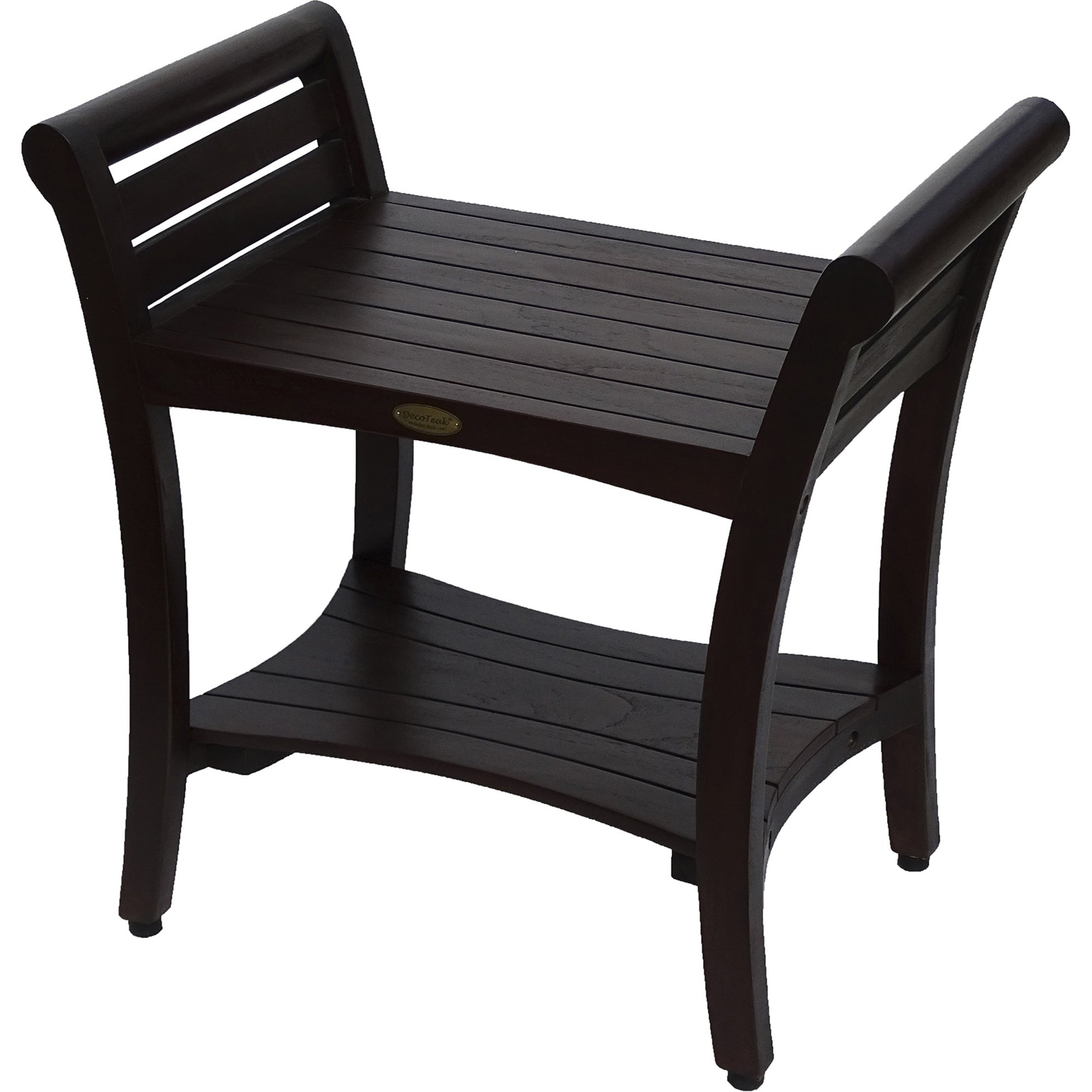 Compact Rectangular Teak Shower / Outdoor Bench with Shelf and Curved Liftaide Arms in Brown Finish