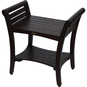 Compact Rectangular Teak Shower / Outdoor Bench with Shelf and Curved Liftaide Arms in Brown Finish