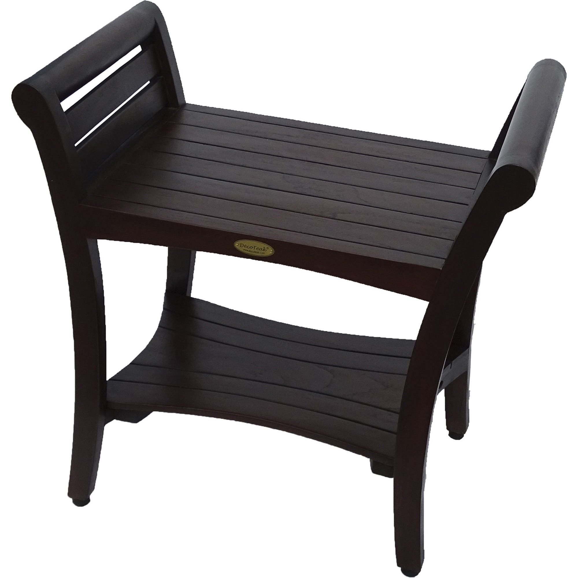Compact Rectangular Teak Shower / Outdoor Bench with Shelf and Curved Liftaide Arms in Brown Finish