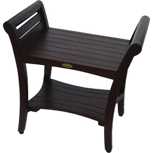 Compact Rectangular Teak Shower / Outdoor Bench with Shelf and Curved Liftaide Arms in Brown Finish