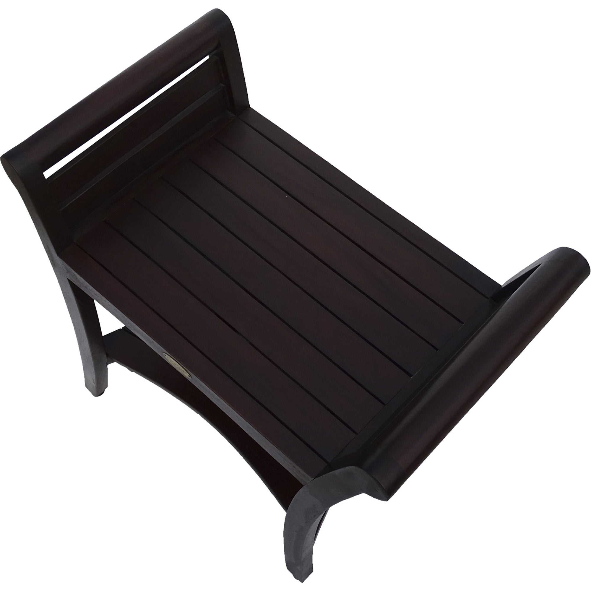 Compact Rectangular Teak Shower / Outdoor Bench with Shelf and Curved Liftaide Arms in Brown Finish