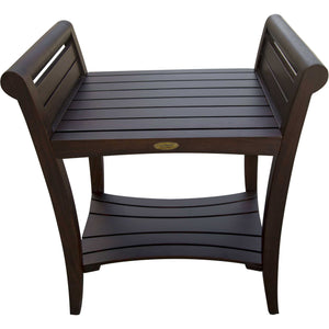 Compact Rectangular Teak Shower / Outdoor Bench with Shelf and Curved Liftaide Arms in brown Finish