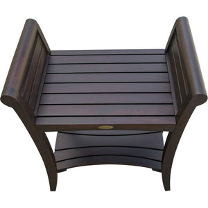 Compact Rectangular Teak Shower / Outdoor Bench with Shelf and Curved Liftaide Arms in brown Finish