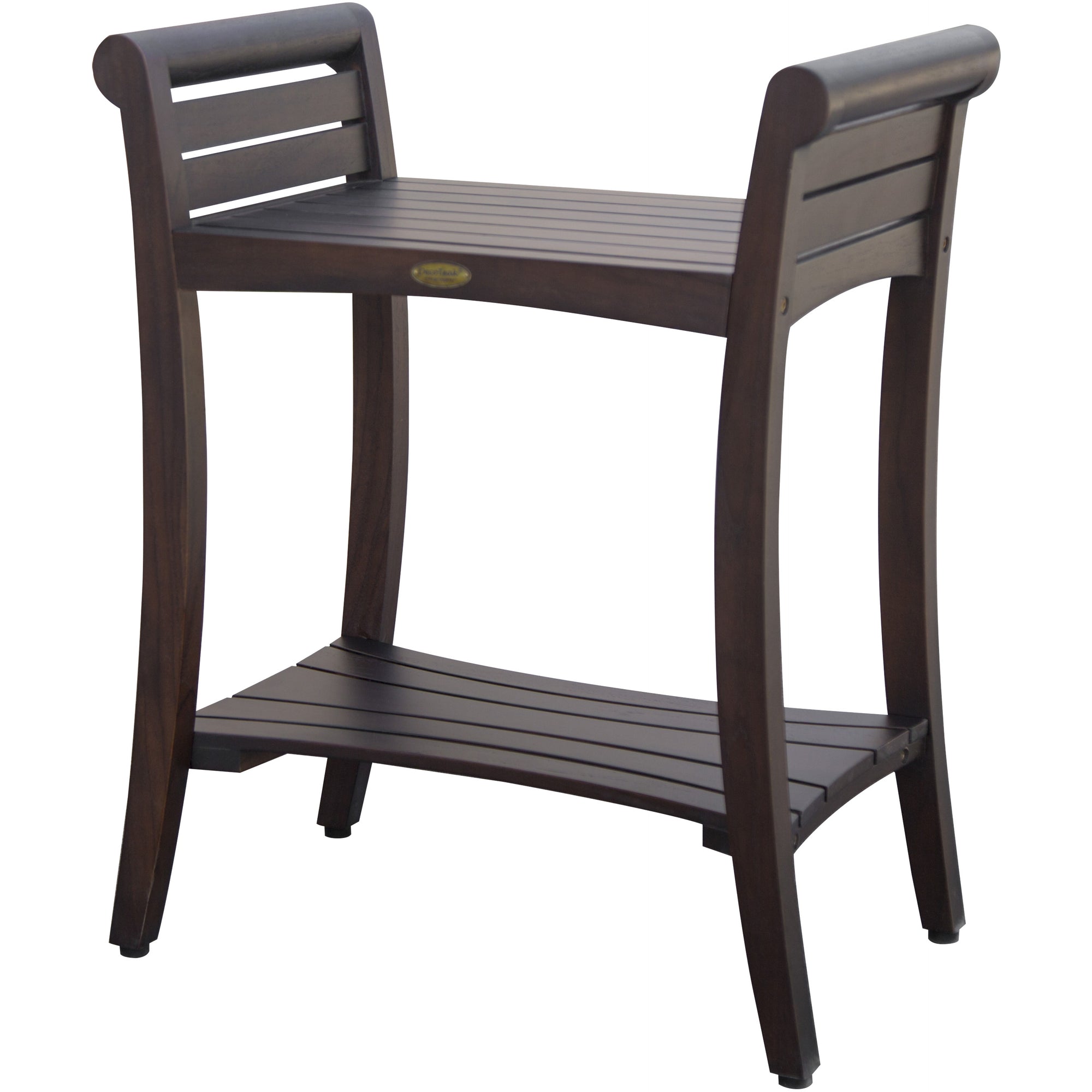 Compact Rectangular Teak Shower / Outdoor Bench with Shelf and Curved Liftaide Arms in brown Finish